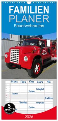 Familienplaner 2026 - Feuerwehrautos mit 5 Spalten (Wandkalender, 21 x 45 cm) CALVENDO